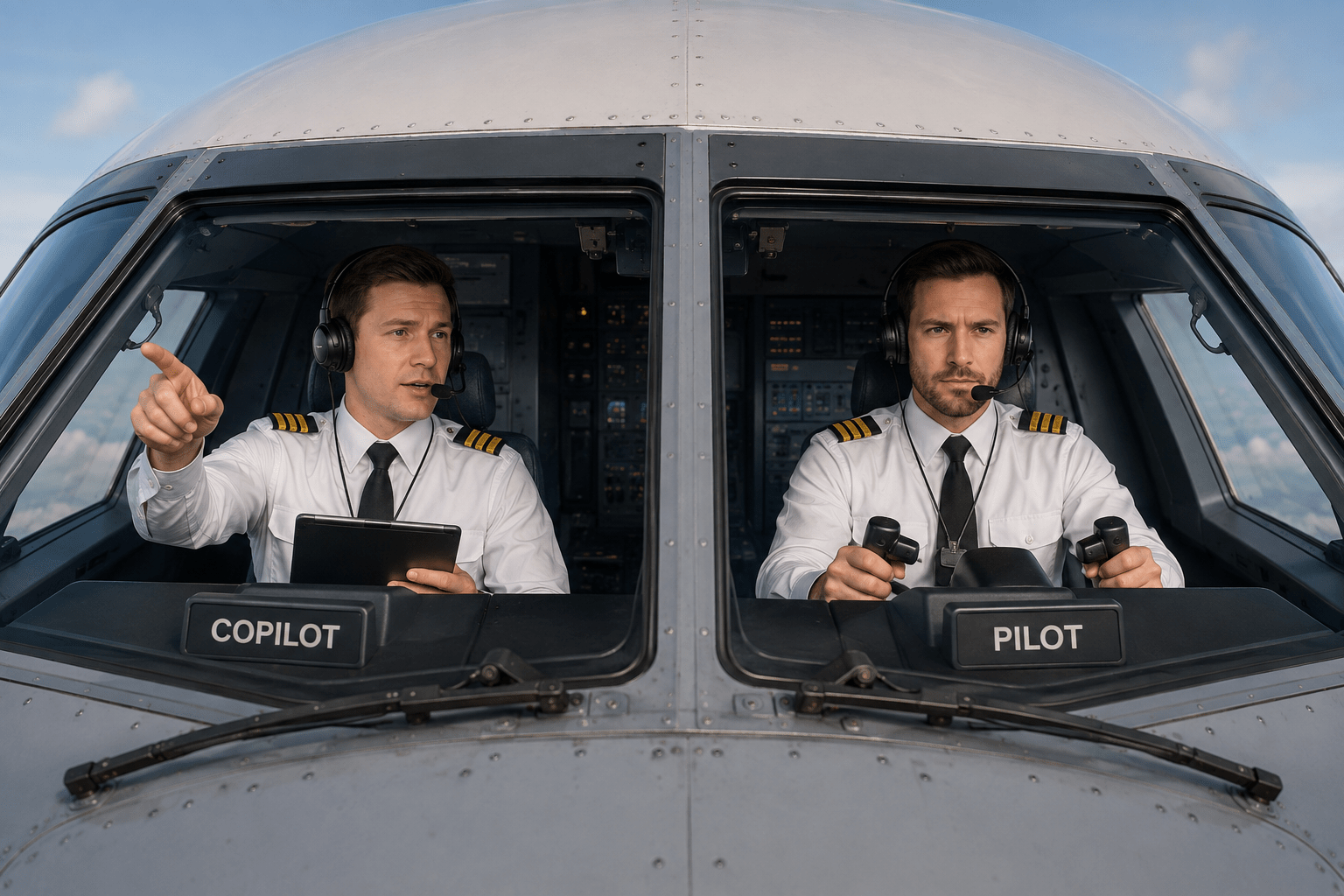 Pilot steuert ein Flugzeug, während der Copilot unterstützende Anweisungen gibt – Sinnbild für KI-Copiloten als Assistenzsysteme, die den Menschen unterstützen, aber nicht ersetzen